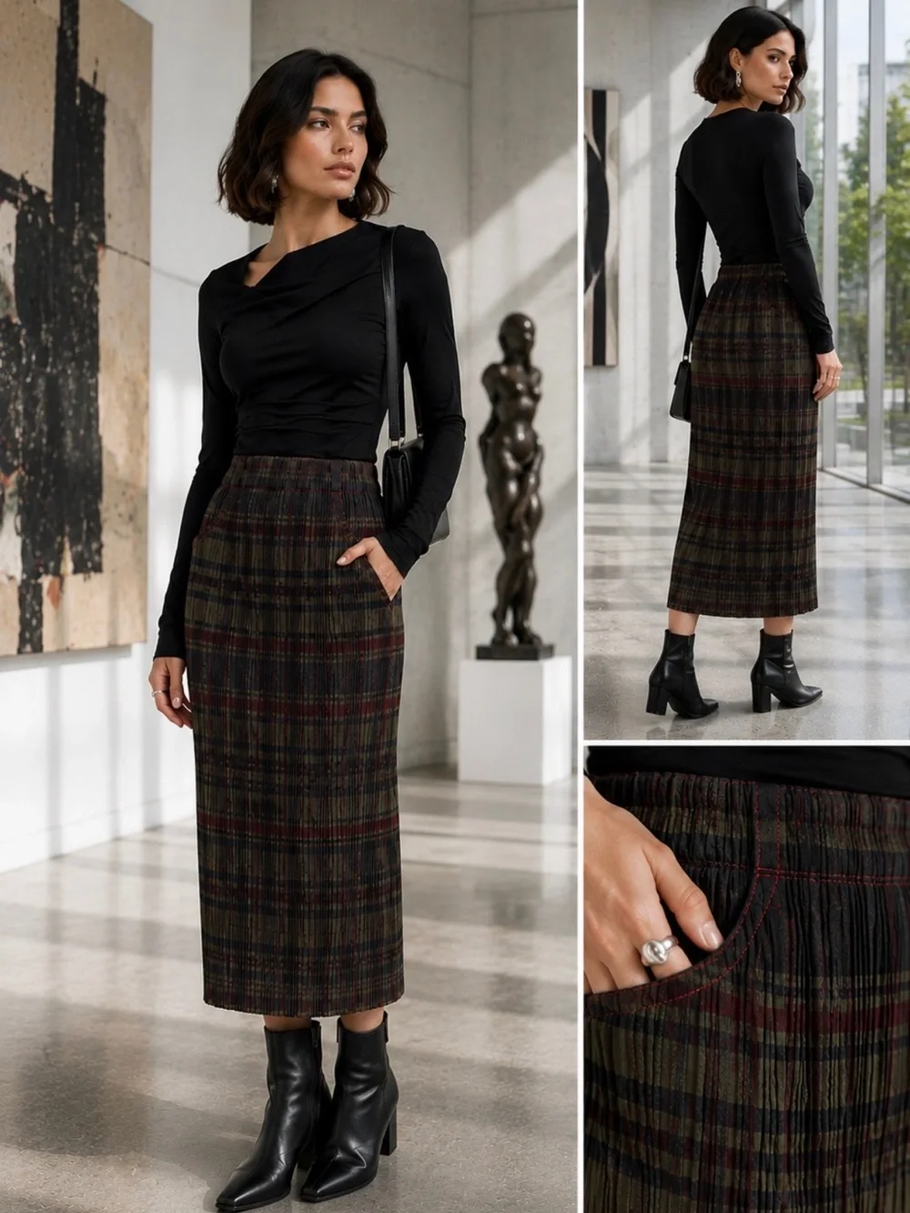 Issey Miyake Pleated Plaid Maxi Skirt Contrast Stitching Japan Sz L 🧡🎀